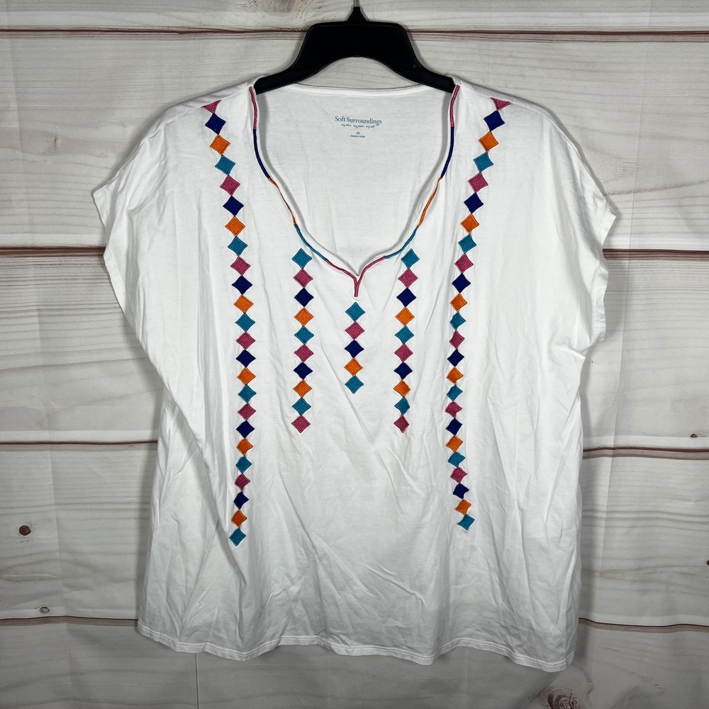 Soft Surroundings Top Women 2X White Geometric Embroidered V-Neck Cotton T-Shirt